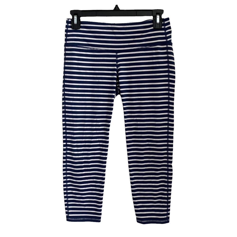 Athleta Small Cropped Leggings Navy Blue White Striped Workout